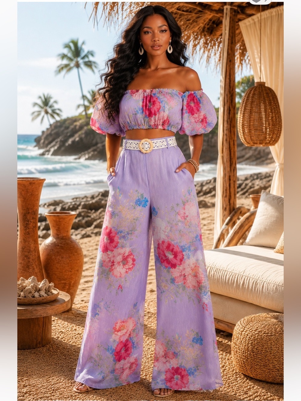 Lavender Floral Wide-Leg Pants Set - Women's Beach pant set Bottoms - Picture 7 of 7